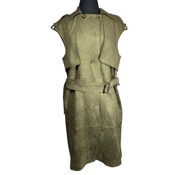 Laundry by Shelli Segal Faux Suede Gilet Jacket Sleeveless Epaulettes Green Sz S - Picture 2 of 16